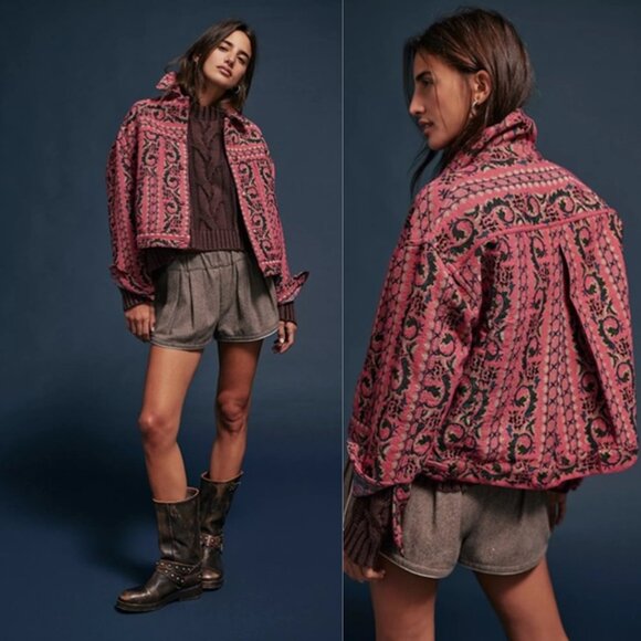 We The Free Opal Swing Jacquard Jacket Oversized Pink Free People Boho Chic XL - Picture 3 of 10